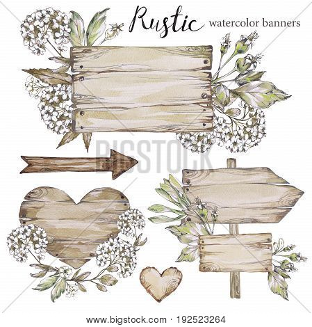 Handpainted collection watercolor wood planks clipart. Wood pointer, board, wooden heart. Rustic illustration.Perfect for blogs, lettering, pattern, invitation Botanic