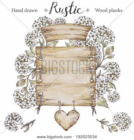 Handpainted collection watercolor wood planks clipart. Wood pointer, board, wooden heart. Rustic illustration.Perfect for blogs, lettering, pattern, invitation Botanic