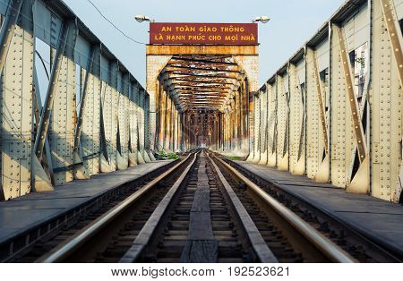 Hanoi, Vietnam - May 24, 2017: Hanoi Long Bien Bridge With Train
