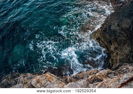 Rocky coast of the Adriatic Sea in Montenegro at sunset, Top view