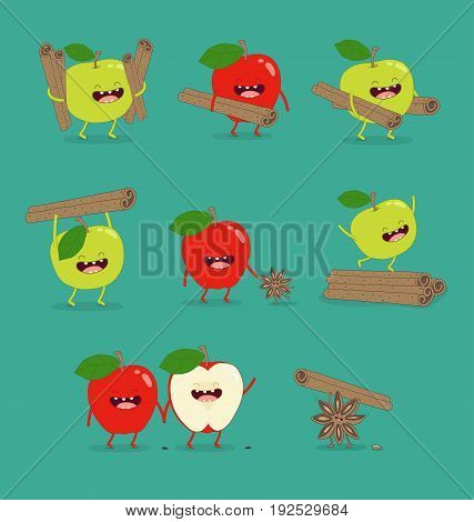 flat cute and funny green apple fruit set in various emotion and face in blue background for kids children company business and organization