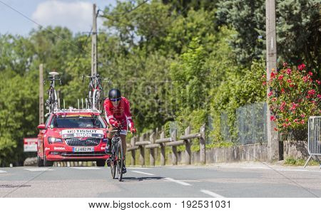 Bourgoin-Jallieu France - 07 June 2017: The French cyclist Julien Simon of Cofidis Team riding during the time trial stage 4 of Criterium du Dauphine 2017. Valverde is a strong contender for the final podium of the race.