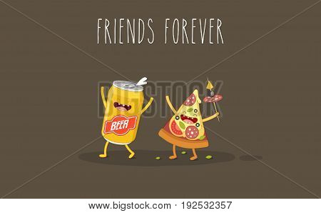 Funny fast food set. Vector illustration with beer pizza and sausage