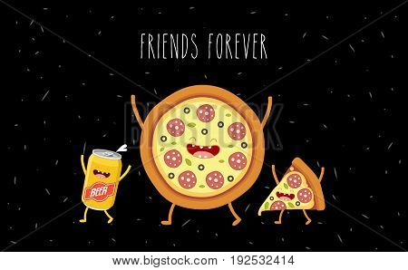 Funny fast food set. Vector illustration with beer pizza and sausage