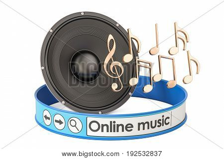 Online Music concept with loudspeaker and notes 3D rendering