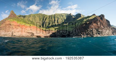 Ka'a'Alahina Ridge on Na Pali coastline in Kauai from sunset cruise
