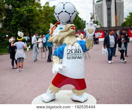 MOSCOW RUSSIA - June 24 2017 The official mascot of the 2018 FIFA World Cup and the FIFA Confederations Cup 2017 wolf Zabivaka on Sokolnicheskaya square in Moscow.