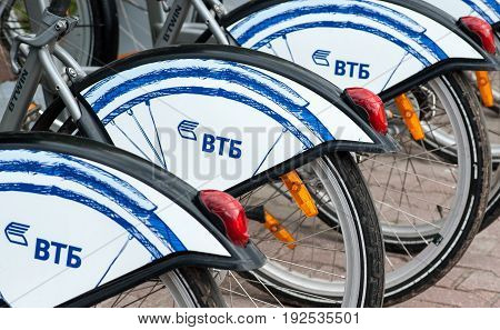 MOSCOW RUSSIA - June 24 2017 Parking Bicycle rental on Sokolnicheskaya square in Moscow.