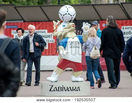 MOSCOW RUSSIA - June 24 2017 The official mascot of the 2018 FIFA World Cup and the FIFA Confederations Cup 2017 wolf Zabivaka on Sokolnicheskaya square in Moscow.