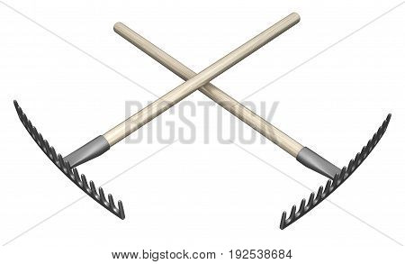 Metal rake garden tools two crossed 3d illustration isolated horizontal over white