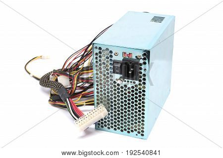 500W Power supply unit with cable and switch I O green color for full ATX Tower case PC have big fan for cool ioslated on white background