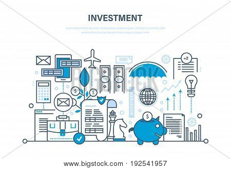 Financial investments, marketing, analysis, security of deposits, guarantee of security financial savings and money turnover. Illustration thin line design of vector doodles, infographics elements.