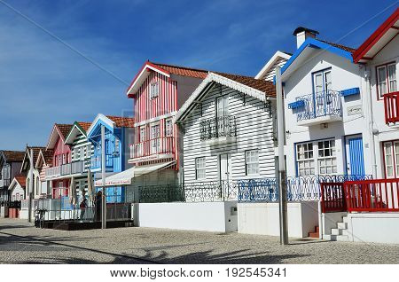 Striped Colored Houses, Costa Nova, Beira Litoral, Portugal, Europe