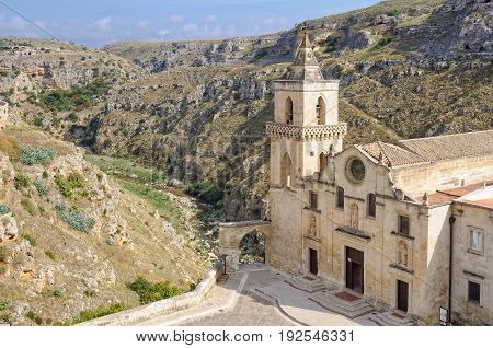 Church of San Pietro Caveoso at the edge of La Gravina is the only church in Sassi di Matera not dug into the tufa rock - Matera, Basilicata, Italy
