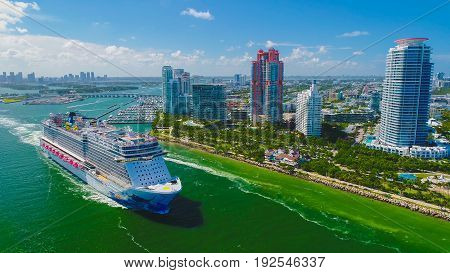 USA. FLORIDA. MIAMI BEACH. JUNE, 2017: Cruise ship entrance to Atlantic Ocean, from Miami port.