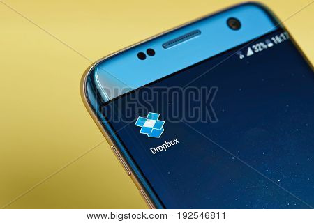 New york, USA - June 23, 2017: Dropbox application icon on smartphone screen close-up. Dropbox app icon with copy space on screen