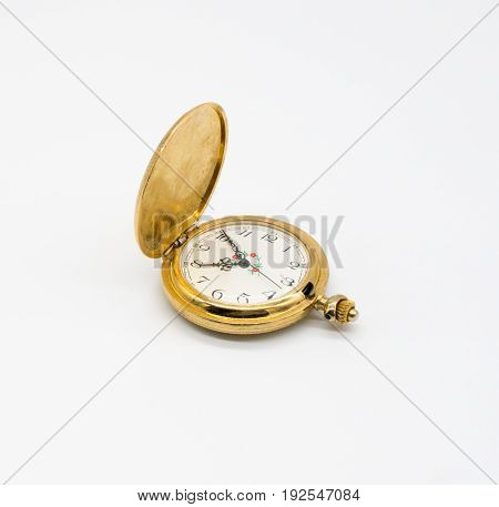 Antique pocket clock isolated on white background. Vintage clock.