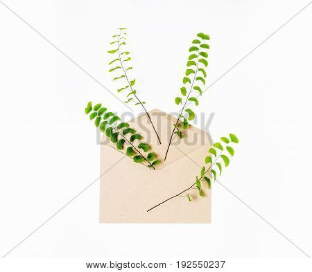 envelope and a present in eco paper on white background