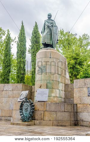 GUIMARAES,PORTUGAL - MAY 14,2017 - View at the statue of Dom Afonso Henriques at the Ducal Palace in Guimaraes. The city was settled in the 9th century at which time it was called Vimaranes.
