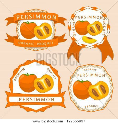 Abstract vector illustration logo whole ripe yellow fruit persimmon green stem, cut half sliced kaki on background.