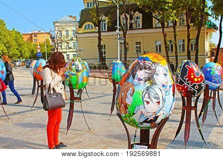 KYIV, UKRAINE - MAY 0,1 2017: Painted eggs. Street festival of large Easter eggs on Mikhailovska Square