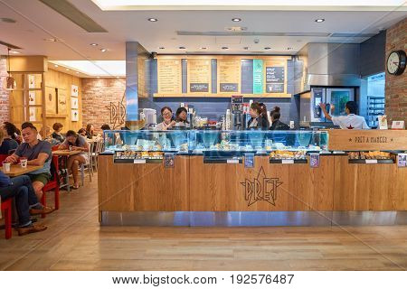 HONG KONG - CIRCA SEPTEMBER, 2016: inside a Pret a Manger in Hong Kong. Pret a Manger is a sandwich shop chain based in the United Kingdom.