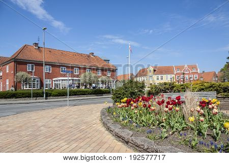 TONDER DENMARK - MAY 7 2017: People relaxing on sunny sunday in center of old town on may 7 2017 in Tonder Denmark.