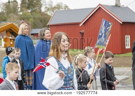 VERDAL NORWAY - MAY 17 2017: National day in Norway. Norwegians at traditional celebration and parade on may 17 2017 in Verdal. People on parde before school in Verdal. Constitution Day is the National Day of Norway.