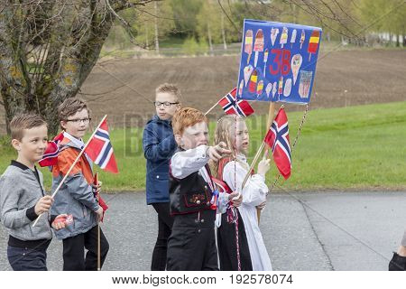VERDAL NORWAY - MAY 17 2017: National day in Norway. Norwegians at traditional celebration and parade on may 17 2017 in Verdal. People on parde before school in Verdal. Constitution Day is the National Day of Norway.