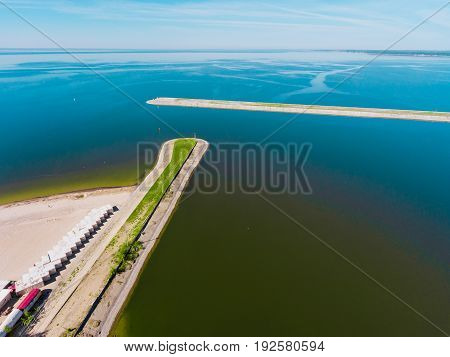 Aerial view breakwater at sea, cutwater, pier, groyne mole