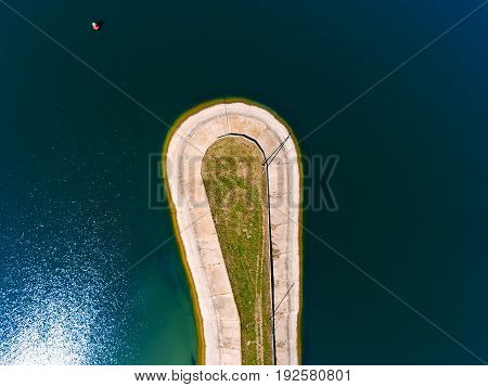 Aerial view breakwater at sea, cutwater, pier, groyne mole