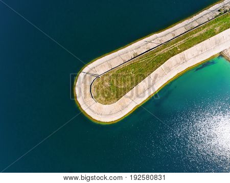 Aerial view breakwater at sea, cutwater, pier, groyne mole