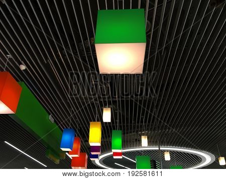 Plastic multicolored chandeliers on a modern striped metal ceiling. Modern design of industrial interior. Colorful cubic geometric shapes background.