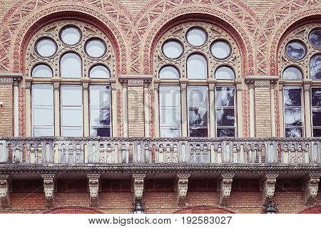 Balcony with carved windows in the Residence of the Metropolitans of Bukovina and Dalmatia