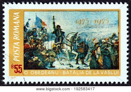 ROMANIA - CIRCA 1975: A stamp printed in Romania issued for the 500th anniversary of the defeat of the Turcs by Stephan the Great shows Battle of Vaslui (Oscar Obedeanu), circa 1975.