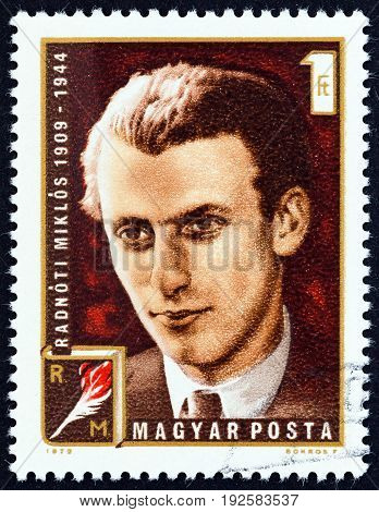 HUNGARY - CIRCA 1972: A stamp printed in Hungary shows poet Miklos Radnoti, circa 1972.