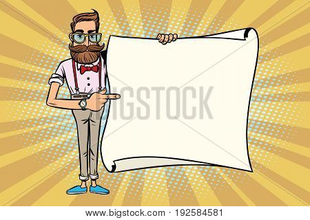 Stylish hipster shows on mockup copy space poster. Comic cartoon style pop art retro vector illustration