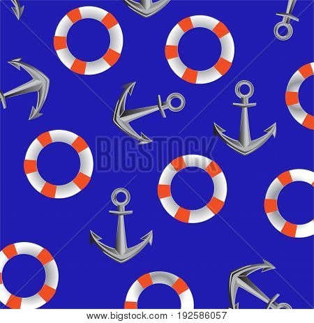 Anchor and life buoy on turn blue background is insulated