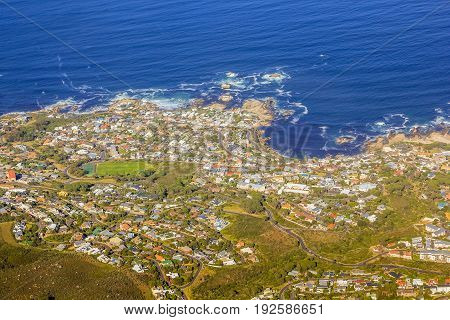 Aerial view of Bantry Bay near Cape Town as seen from Lion's Head within the Table Mountain National Park in South Africa, Western Cape.