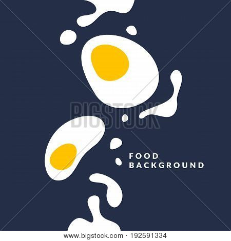 Bright poster with a picture of an egg, yolk and splashes on a dark background. Vector illustration in flat minimalistic style