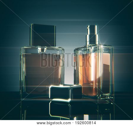 Light fragrance bottles with reflections on dark background. 3D Rendering