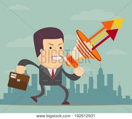 Businessman with a megaphone, Business concept. Stock vector illustration