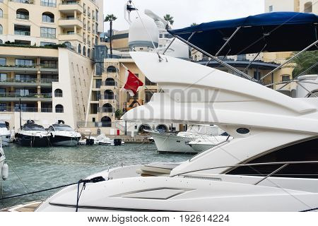 Detail of a super yacht with satellite domes and marine radar navigation system, Portomaso, Malta