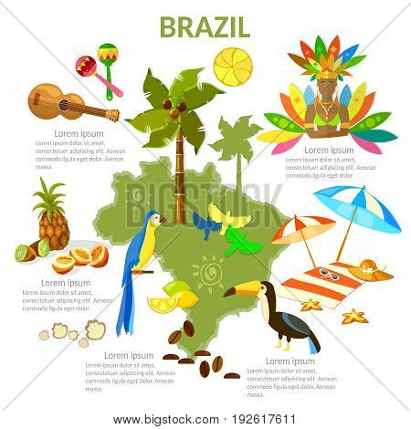 Brazil infographics. sights culture traditions map brazilian people. Travel Brazil template elements