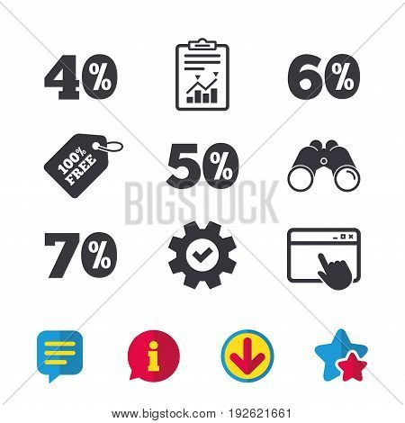 Sale discount icons. Special offer price signs. 40, 50, 60 and 70 percent off reduction symbols. Browser window, Report and Service signs. Binoculars, Information and Download icons. Stars and Chat