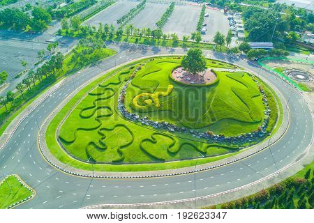 Aerial view of Royal Park Rajapruek roundabout with beautiful green garden Chiang Mai Thailand.