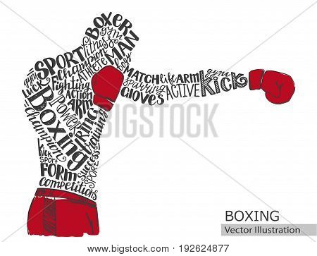 Vector boxer. Silhouette of the athlete from the thematic words. Text graphics, lettering.