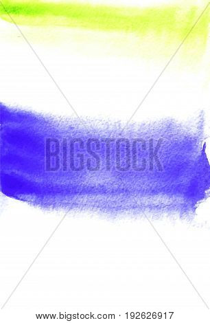 Card with blue and green blots. Watercolor painting for design. Abstract bright textured backdrop. Postcard banner logo invitation. Hand paint isolated on white background. Vector illustration.