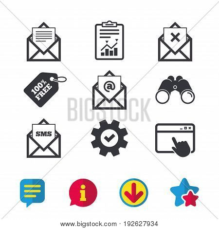 Mail envelope icons. Message document symbols. Post office letter signs. Delete mail and SMS message. Browser window, Report and Service signs. Binoculars, Information and Download icons. Vector