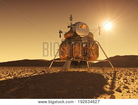 Descent Module Of Interplanetary Space Station On The Background Of Martian Sun. 3D Illustration.